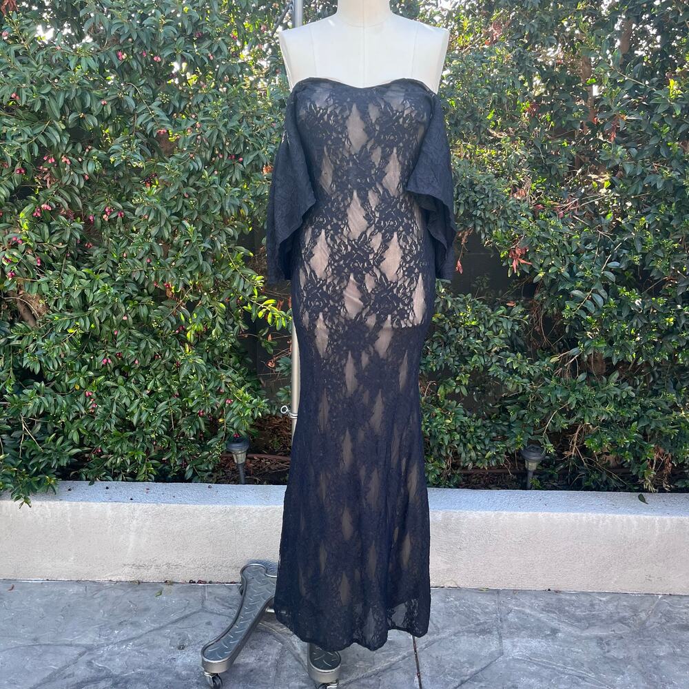 1990s Black Lace Maxi Dress Sheer Off Shoulder Goth Formal 2000s Glam